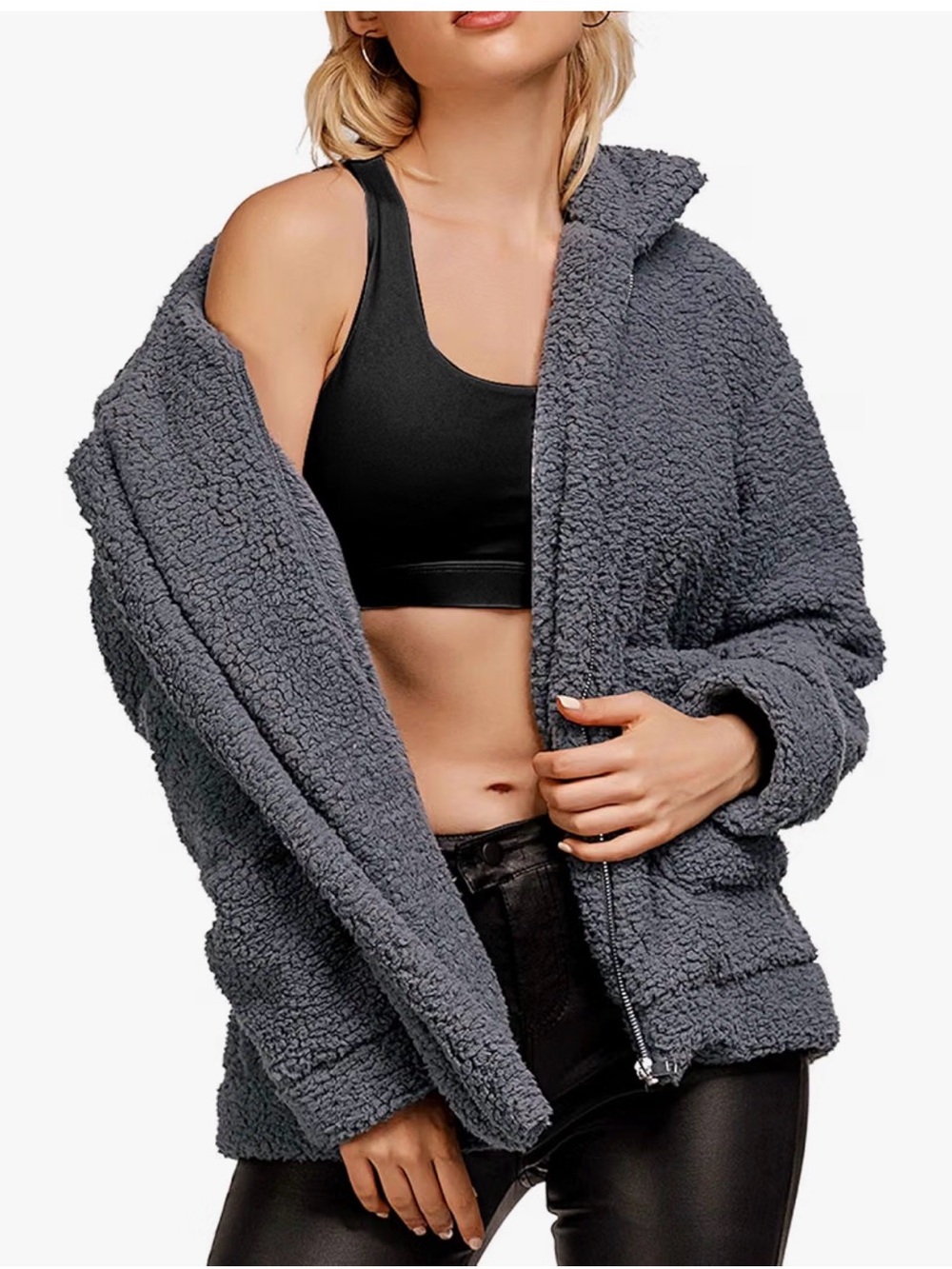 A418 Plush Sherpa Zip-Up Jacket- Dark Gray Fleece Fuzzy Faux Oversized Large NWT - Picture 4 of 11